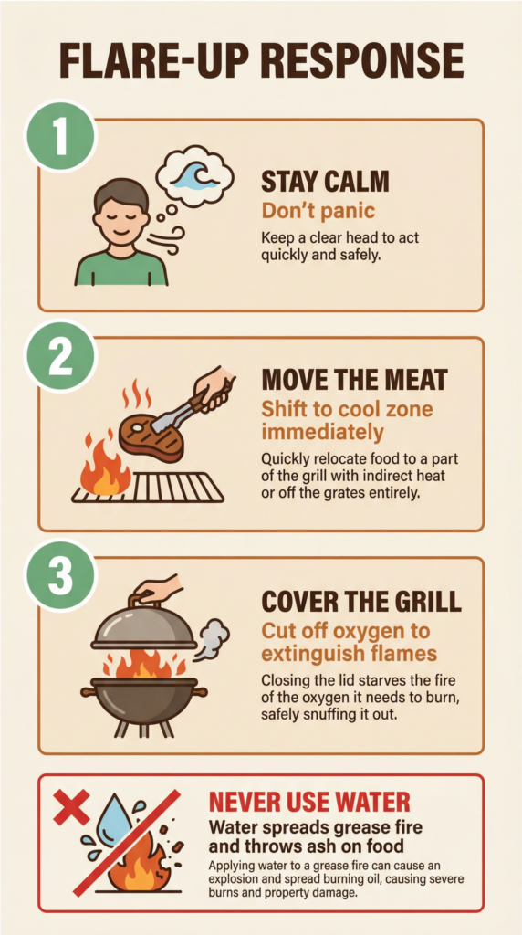 Grill flare up response steps showing how to handle grease fire safely by moving meat and covering the grill