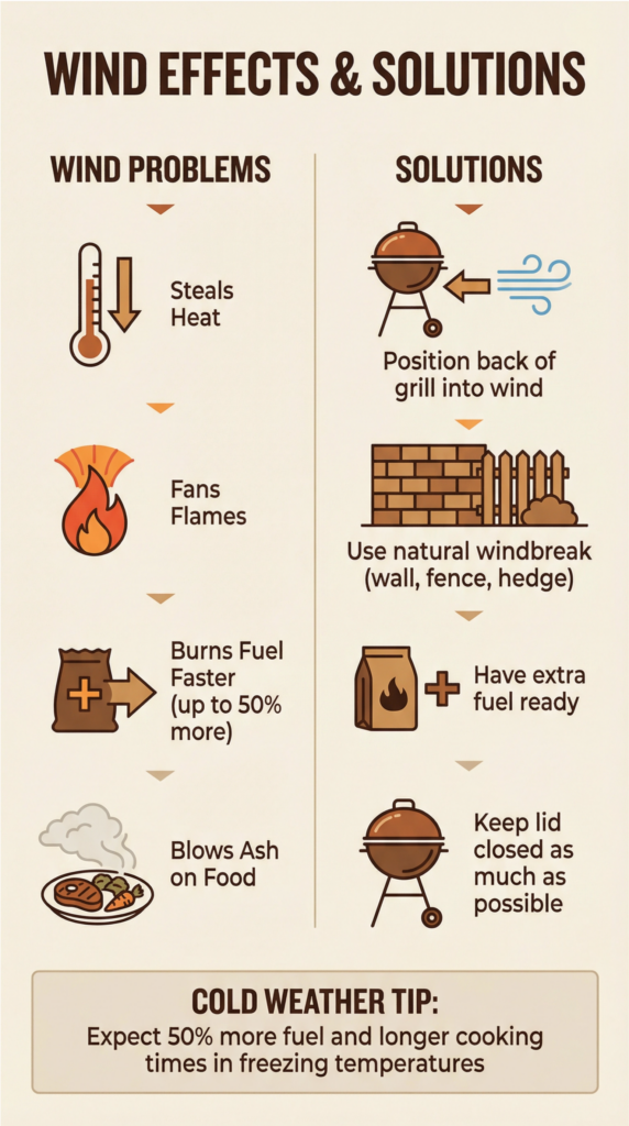 Wind effects on grilling showing problems like heat loss and flare-ups with solutions to control wind impact