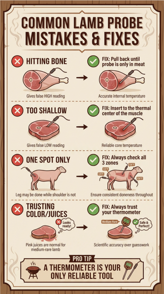 Lamb thermometer mistakes and fixes (probe placement, bone contact, shallow insertion, multiple zones)
