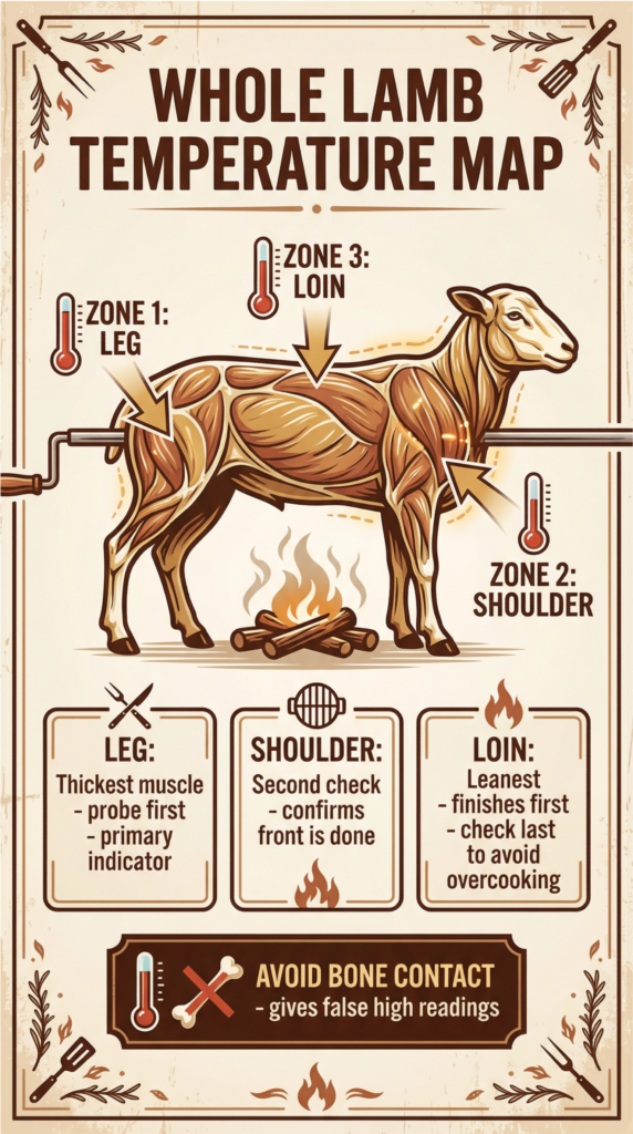 Whole lamb temperature map with probe locations (leg, shoulder, loin zones for roasting)