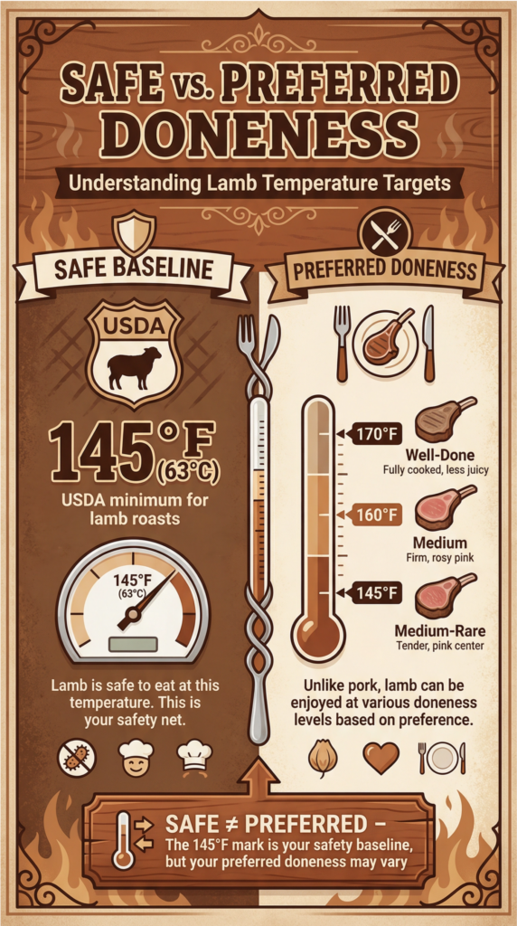 Lamb temperature chart showing safe vs preferred doneness levels (145°F to 170°F)