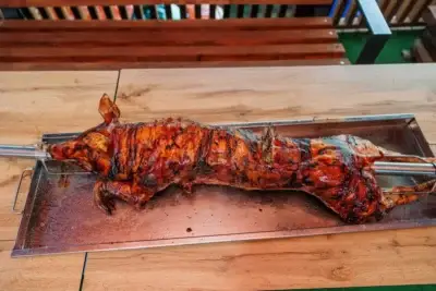 Perfectly roasted whole pig on a rotisserie with crispy skin and an internal temperature nearing ideal pull-apart tenderness.