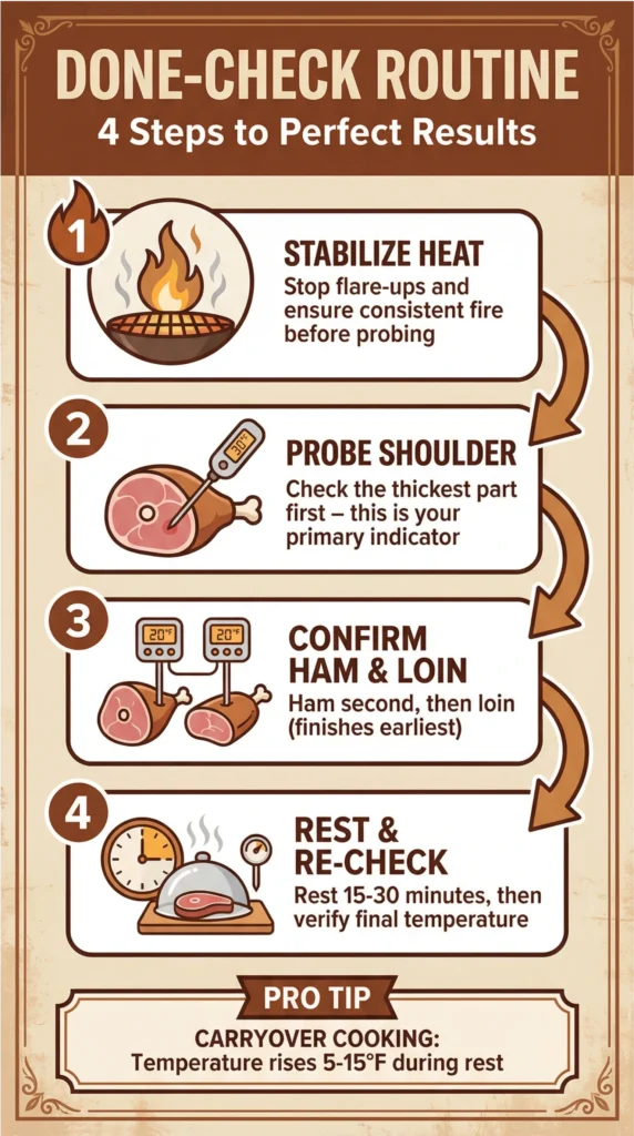 Infographic showing a four-step done-check routine for rotisserie meat: stabilize heat, probe the shoulder, confirm ham and loin temperature, then rest and re-check.