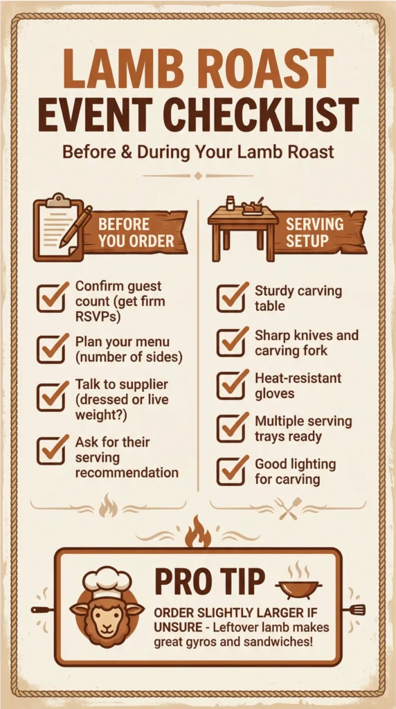 Lamb roast event checklist showing what to prepare before ordering and during serving setup, including guest count, menu planning, carving tools, trays, and lighting.