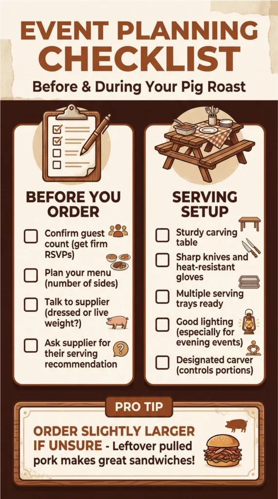 Checklist infographic for planning a whole pig roast event, covering preparation steps before ordering and serving setup tips during the event.