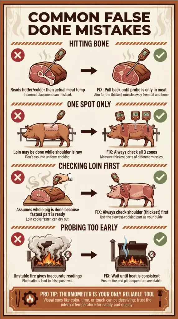 Infographic showing common mistakes when checking pork doneness, including hitting bone, checking only one spot, checking the loin first, and probing too early.