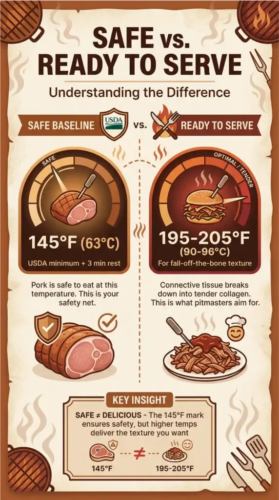 Infographic comparing safe pork cooking temperature versus ready-to-serve temperature, showing USDA safe minimum at 145°F and tender pulled pork range at 195–205°