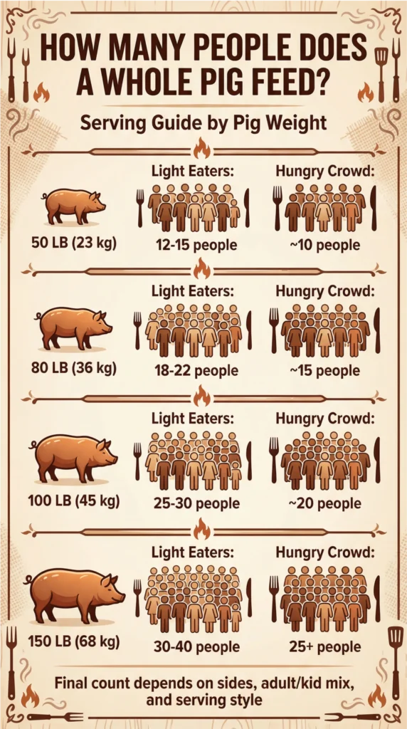 Serving guide infographic showing how many people a whole roasted pig can feed based on pig weight, from 50 lb to 150 lb, with serving estimates for light eaters and hungry crowds.