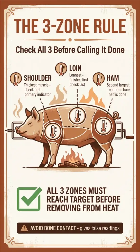 Infographic explaining the 3-zone rule for rotisserie pork, showing shoulder, loin, and ham temperature check zones before removing meat from heat.