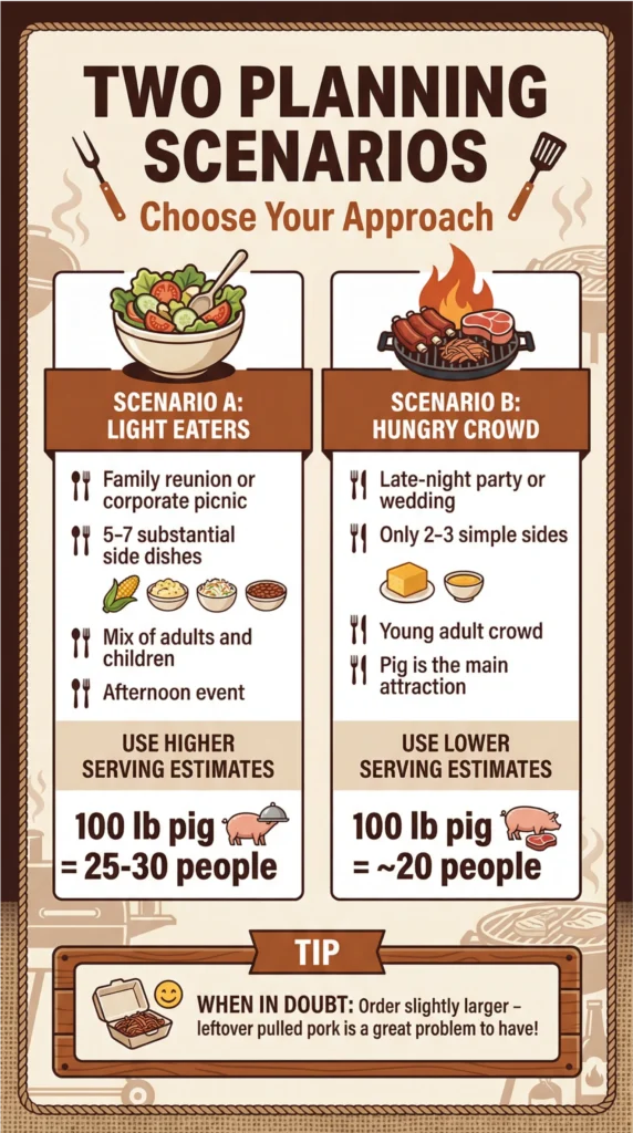 Infographic comparing two whole pig roast planning scenarios: light eaters with many side dishes versus a hungry crowd with fewer side dishes, showing serving estimates for a 100 lb pig.