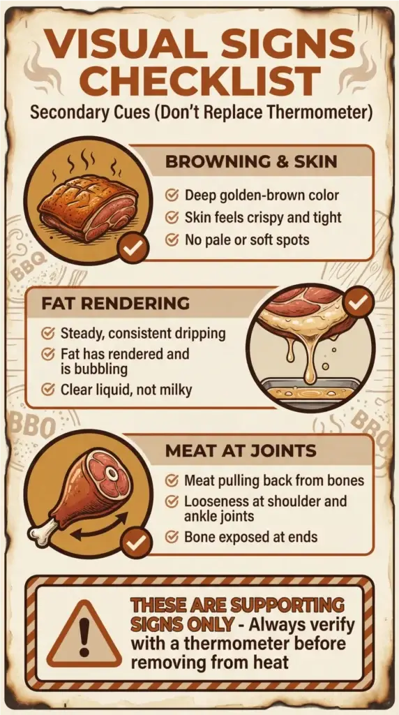 Infographic showing visual signs of properly cooked pork, including browning, fat rendering, and meat pulling back from bones, while emphasizing thermometer verification.
