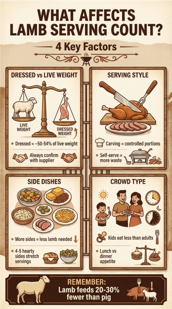 Infographic showing four key factors that affect lamb serving count, including dressed weight, serving style, side dishes, and crowd type.
