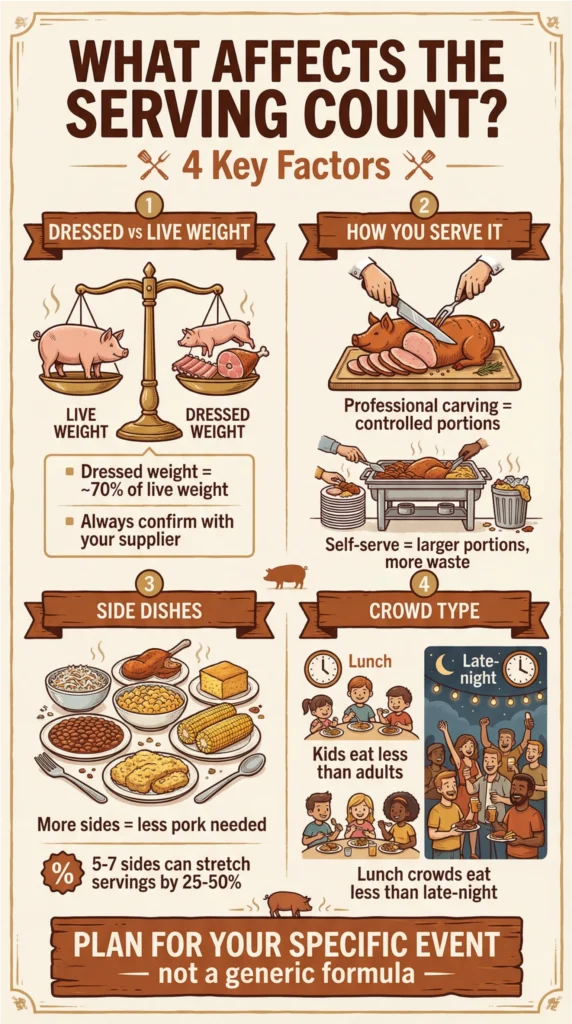 Infographic explaining four key factors that affect how many people a whole roasted pig can feed, including dressed weight, serving style, side dishes, and crowd type.