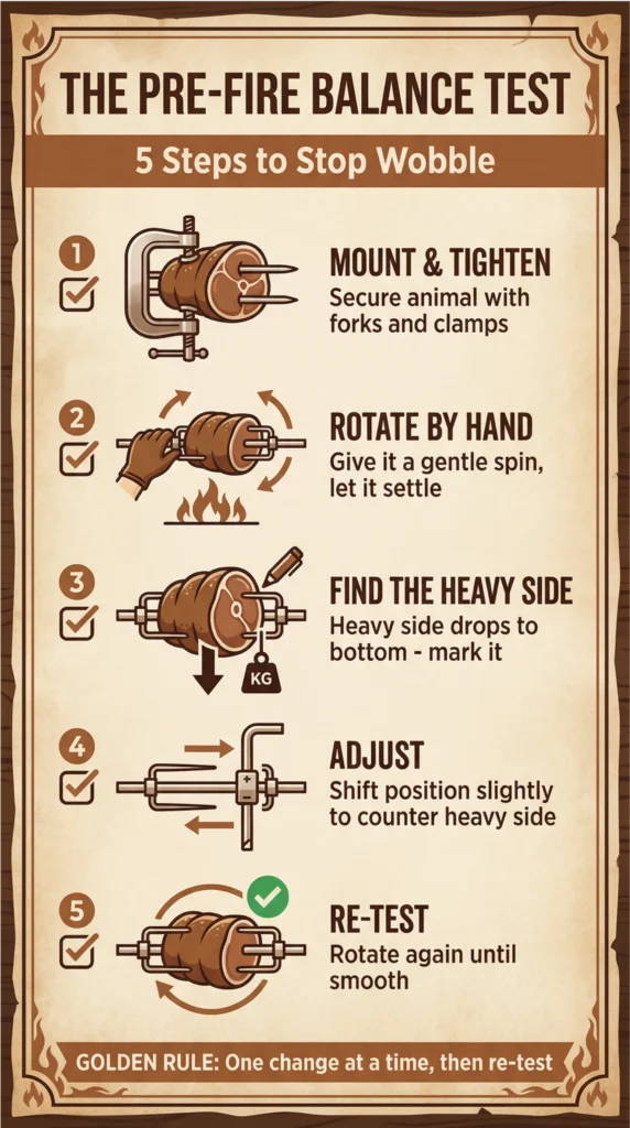 Infographic explaining the pre-fire balance test for a rotisserie spit, with five steps to stop wobble before cooking.