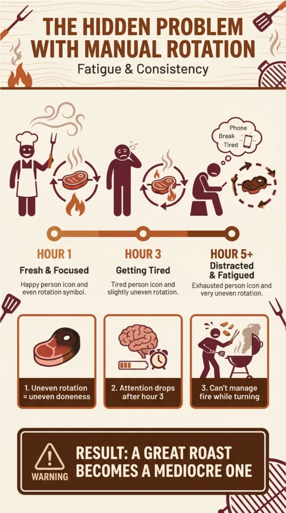 Infographic showing how manual rotisserie rotation becomes inconsistent over time due to fatigue, distraction, and difficulty managing the fire while turning meat.