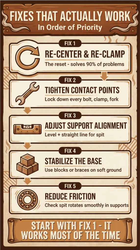 Infographic showing five priority fixes for rotisserie wobble, including re-centering, tightening contact points, aligning supports, stabilizing the base, and reducing friction.