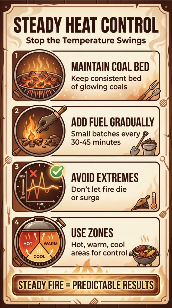 Infographic explaining steady heat control for rotisserie cooking, including maintaining a coal bed, adding fuel gradually, avoiding temperature swings, and using heat zones.