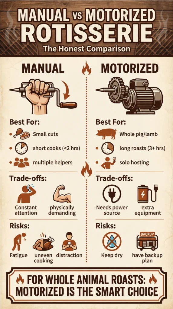 Infographic comparing manual and motorized rotisserie systems, showing when each option works best for whole pig, lamb, and long roast cooking.