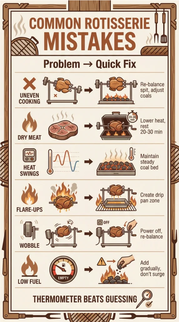Infographic showing common rotisserie mistakes and quick fixes, including uneven cooking, dry meat, heat swings, flare-ups, wobble, and low fuel.