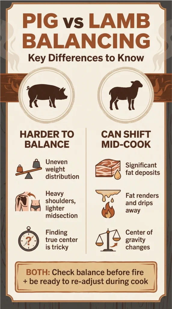 Infographic comparing pig vs lamb rotisserie balancing, showing why pigs are harder to balance and why lamb can shift during cooking.