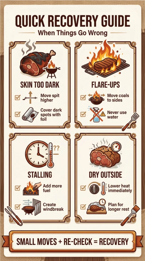 Infographic showing a quick recovery guide for common rotisserie problems, including dark skin, flare-ups, stalling, and dry outside meat.