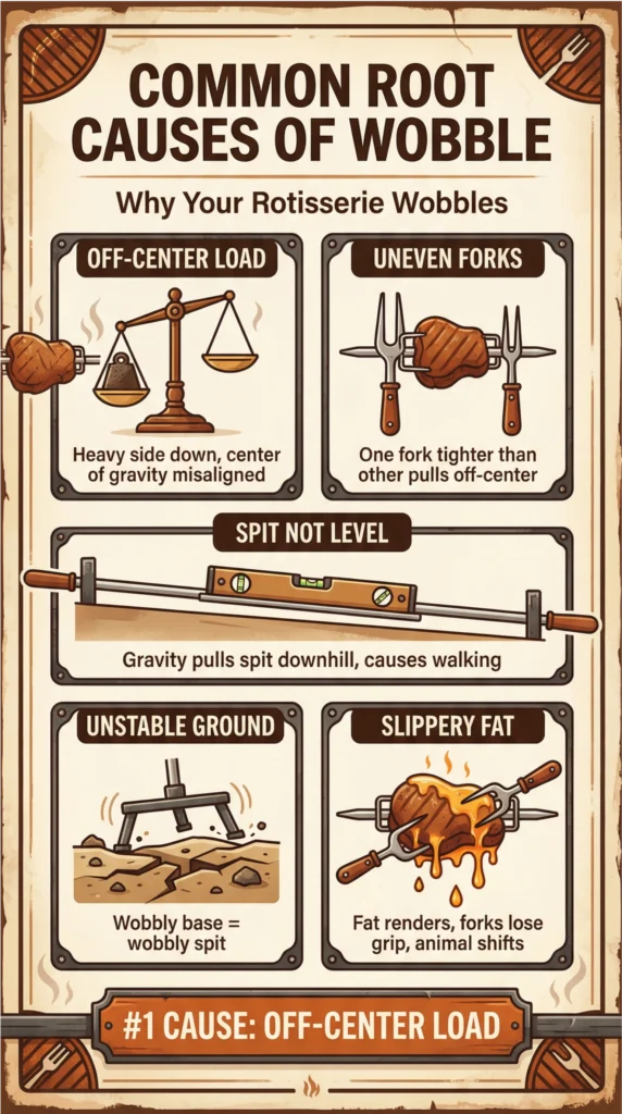 Infographic showing common root causes of rotisserie wobble, including off-center load, uneven forks, unlevel spit, unstable ground, and slippery fat.