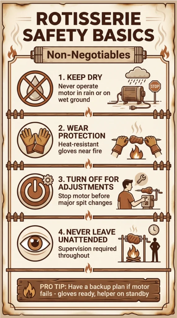 Infographic showing essential rotisserie safety basics, including keeping the motor dry, wearing heat-resistant gloves, turning off the motor for adjustments, and never leaving the roast unattended.