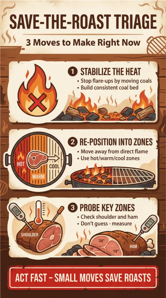 Infographic showing three urgent steps to save a roast, including stabilizing heat, repositioning meat into temperature zones, and probing key areas with a thermometer.