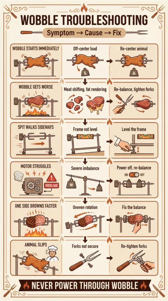 Rotisserie wobble troubleshooting infographic showing common symptoms, causes, and fixes for uneven spit rotation during whole animal roasting.