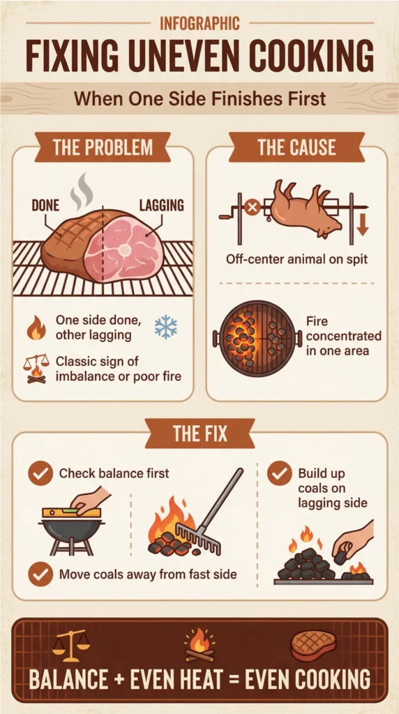 Infographic explaining how to fix uneven rotisserie cooking when one side of the roast finishes before the other.