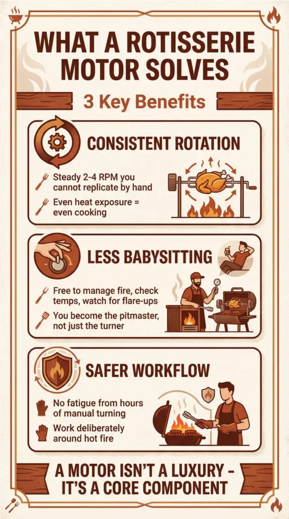 Infographic showing three key benefits of a rotisserie motor, including consistent rotation, less manual babysitting, and safer workflow around the fire.