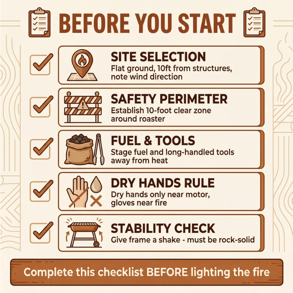 Rotisserie before-you-start checklist showing site selection, safety perimeter, fuel and tools, dry hands rule, and stability check before lighting the fire.