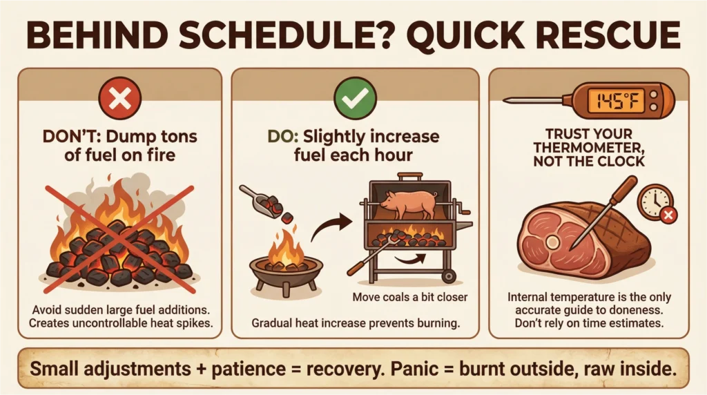 Infographic explaining how to recover when a whole pig or rotisserie cook is running behind schedule using proper fire management and temperature control.