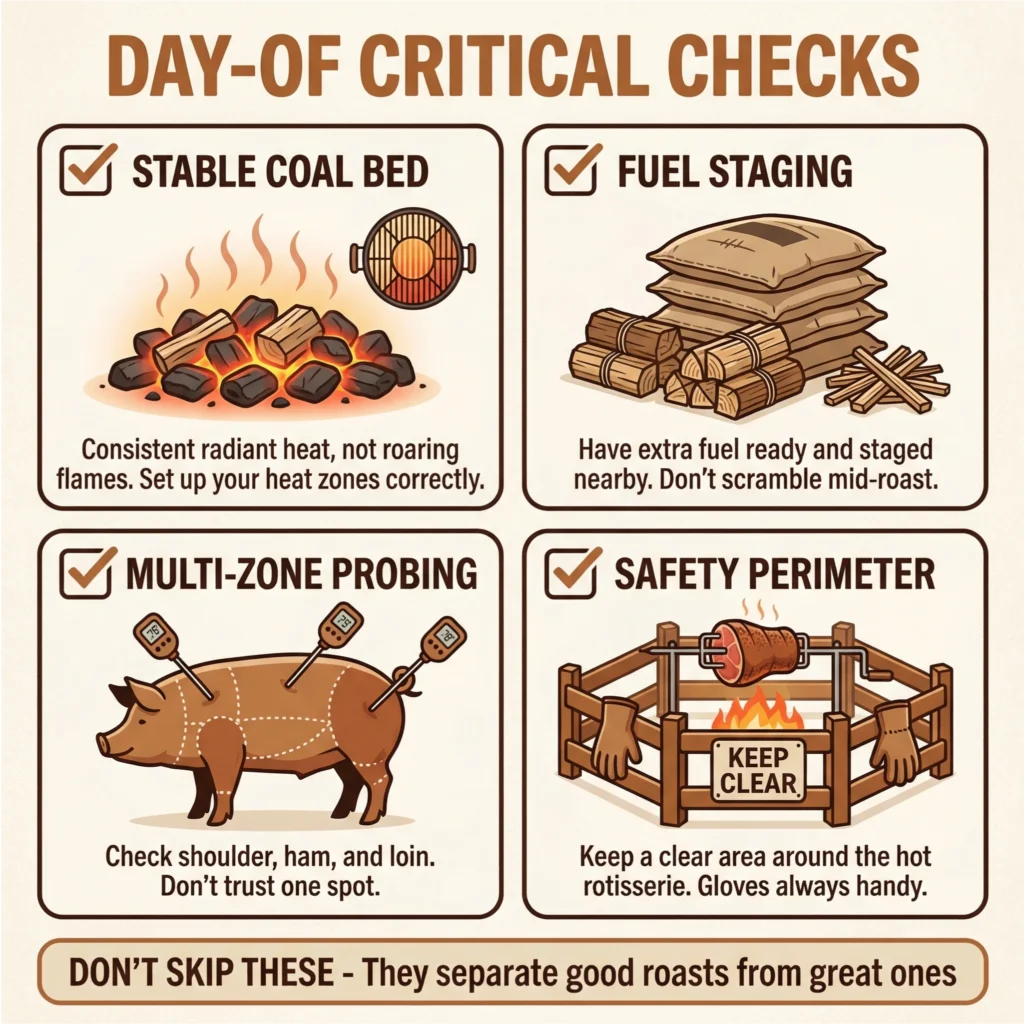 Infographic showing essential day-of checks for a successful whole hog or rotisserie cook, including fire management, fuel preparation, temperature monitoring, and safety.