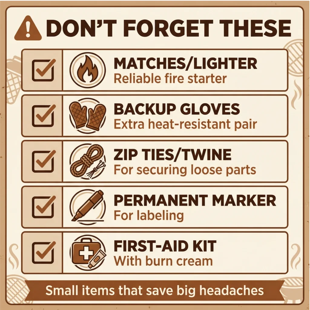 Checklist infographic of small but essential rotisserie accessories, including matches, backup gloves, twine, marker, and a first-aid kit.