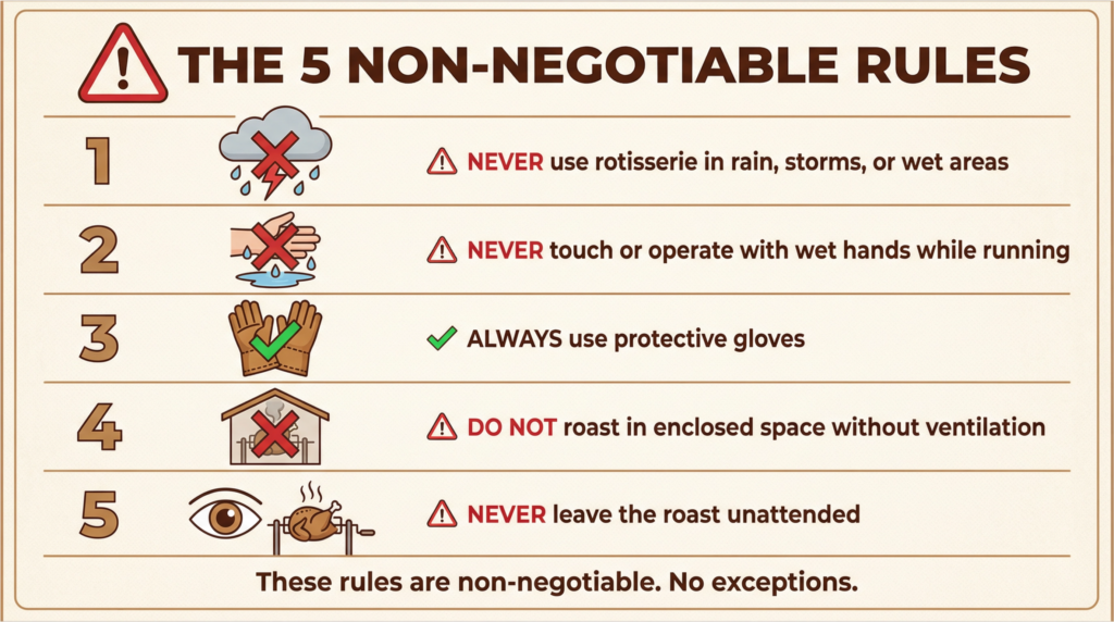 Infographic showing five non-negotiable rotisserie safety rules, including avoiding rain, wet hands, enclosed spaces, and unattended roasting.