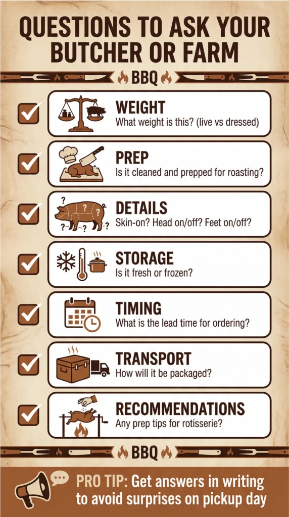 Infographic checklist of essential questions to ask your butcher or farm before buying a whole hog or lamb for rotisserie cooking.