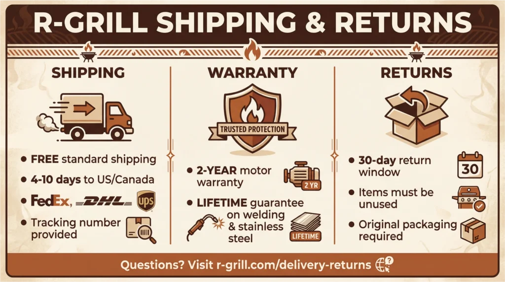 Infographic explaining R-Grill shipping, warranty, and return policies, including free shipping, 2-year motor warranty, and 30-day returns.