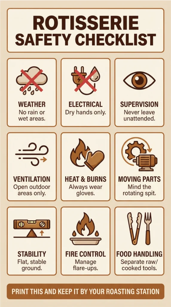Rotisserie safety checklist infographic covering weather, electrical safety, supervision, ventilation, heat protection, moving parts, stability, fire control, and food handling.