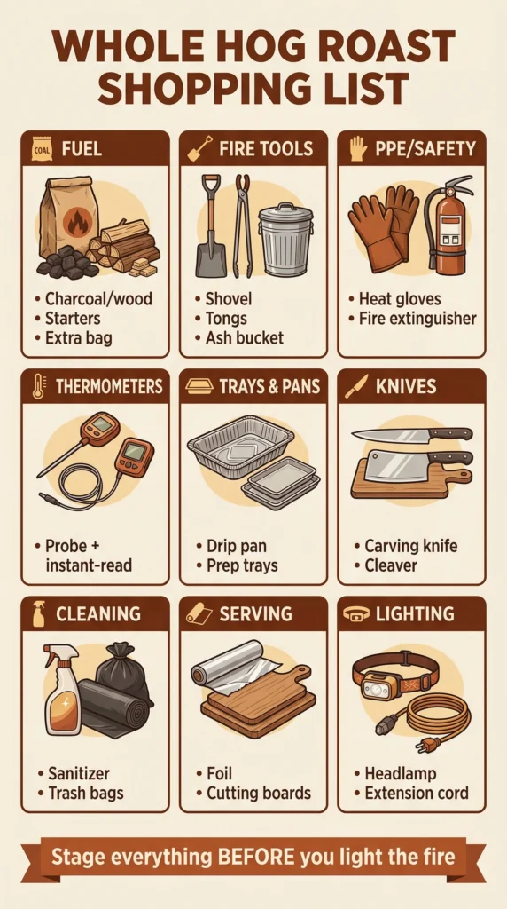 Whole hog roast shopping list infographic showing essential fuel, fire tools, safety equipment, thermometers, trays, knives, cleaning supplies, serving items, and lighting.