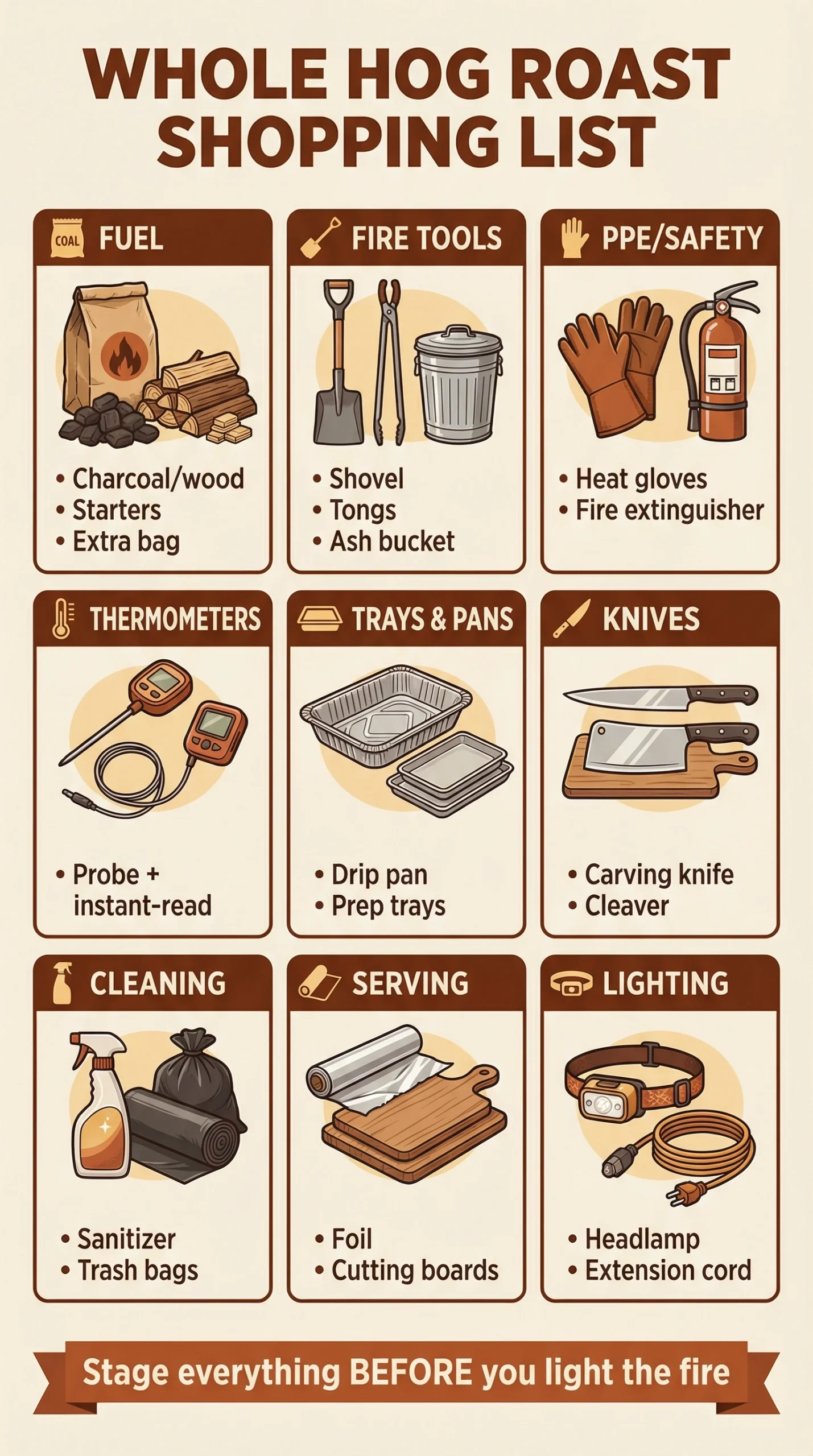 Whole hog roast shopping list infographic showing essential fuel, fire tools, safety equipment, thermometers, trays, knives, cleaning supplies, serving items, and lighting.