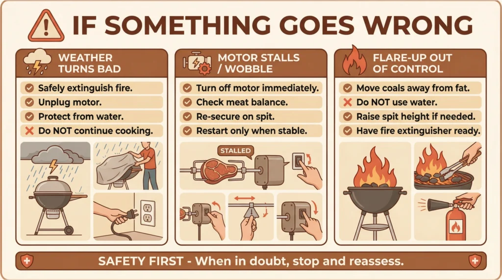 Infographic explaining what to do if something goes wrong during rotisserie roasting, including bad weather, motor stalls, wobble, and uncontrolled flare-ups.