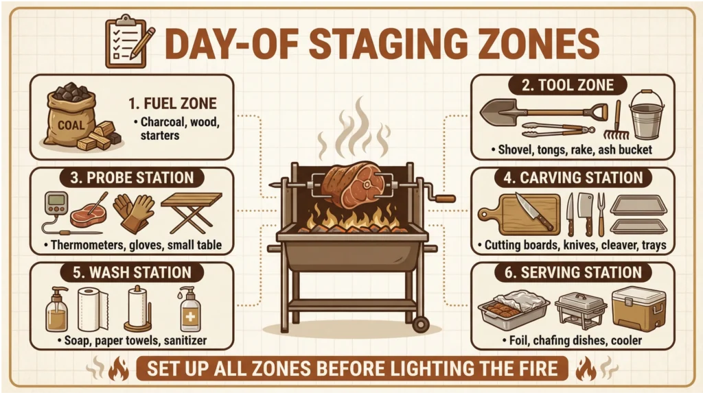 Infographic showing six organized staging zones for a rotisserie cooking setup, including fuel, tools, thermometer station, carving station, wash station, and serving station.