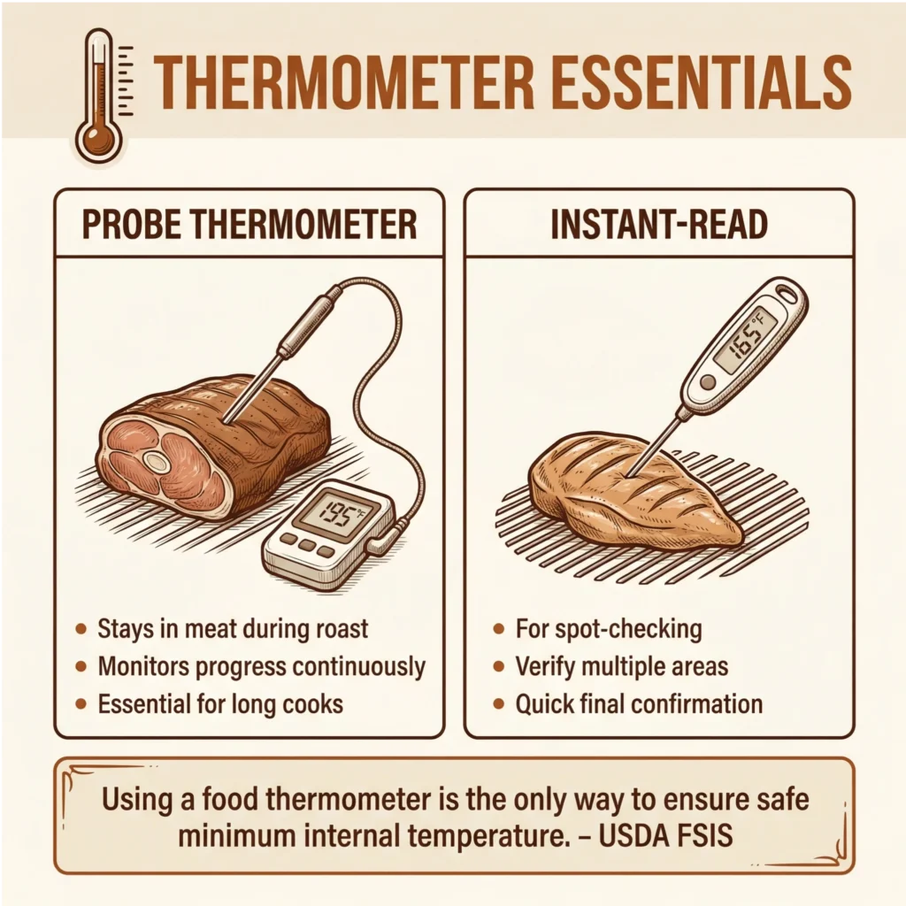 Thermometer essentials infographic comparing probe thermometers and instant-read thermometers for monitoring meat temperature during rotisserie cooking.