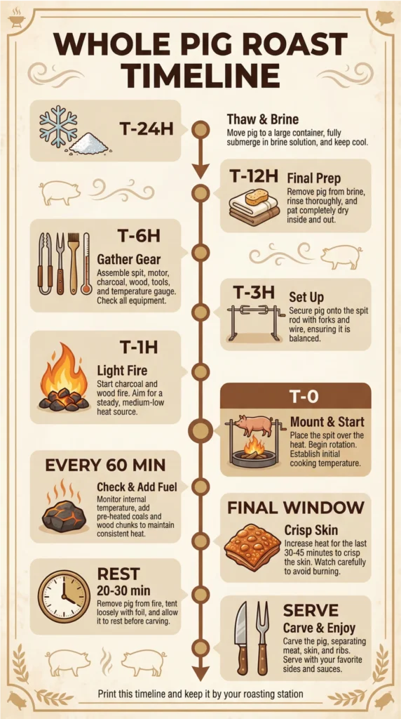 Infographic showing a whole pig roast timeline from thawing and brining to cooking, resting, and serving.
