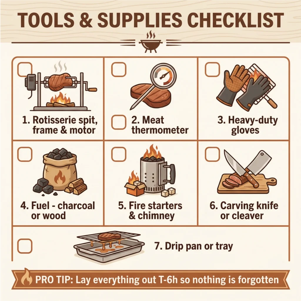 Infographic checklist of essential tools and supplies for a successful rotisserie cook, including a spit, thermometer, gloves, fuel, fire starters, carving knife, and drip pan.
