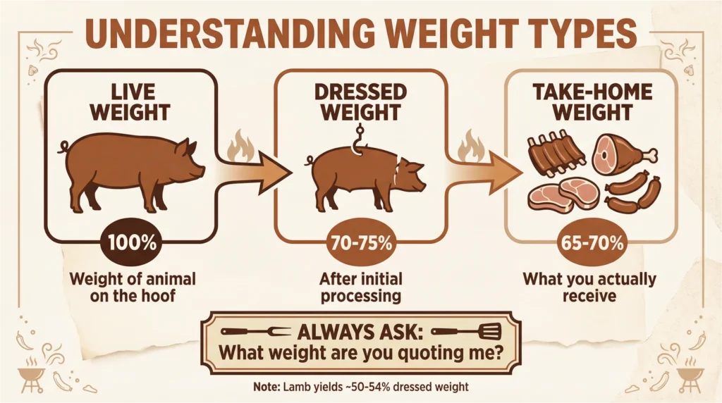 Infographic explaining the differences between live weight, dressed weight, and take-home weight for whole hog and lamb purchases.