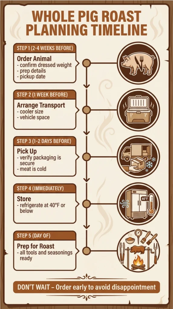 Infographic showing a step-by-step planning timeline for organizing a whole pig roast, from ordering the animal to roast day preparation.